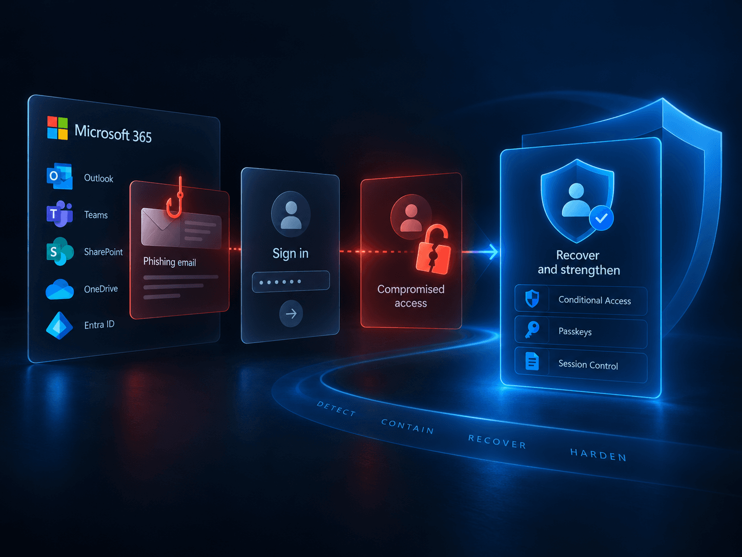 Microsoft 365 phishing and compromised access progressing to recovery and stronger identity security